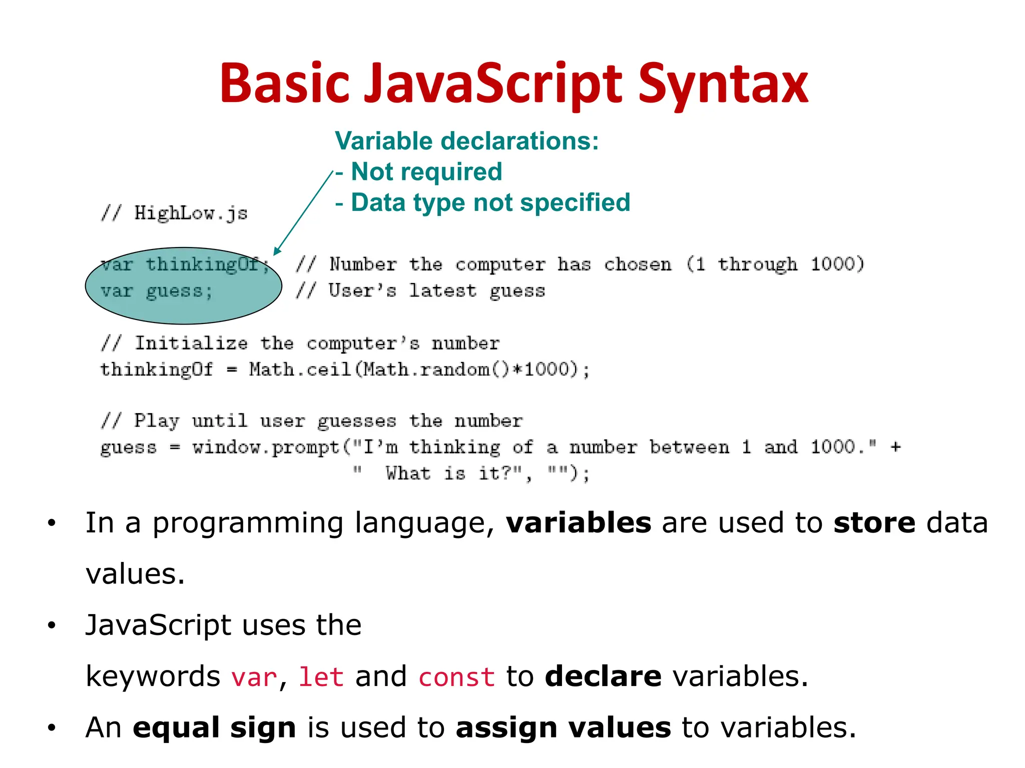 Basic JavaScript Syntax
Variable declarations:
- Not required
- Data type not specified
• In a programming language, variables are used to store data
values.
• JavaScript uses the
keywords var, let and const to declare variables.
• An equal sign is used to assign values to variables.
 