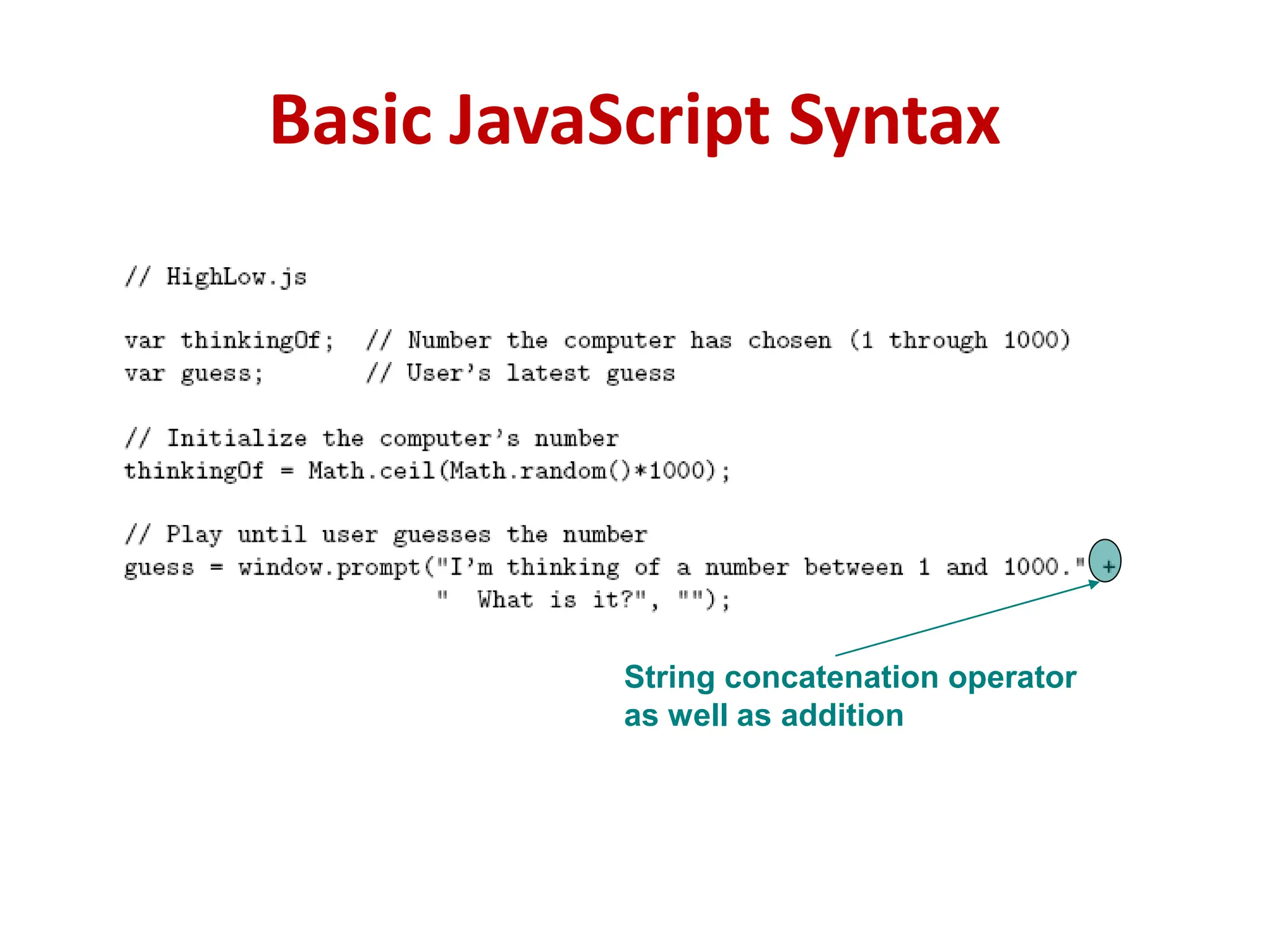 Basic JavaScript Syntax
String concatenation operator
as well as addition
 