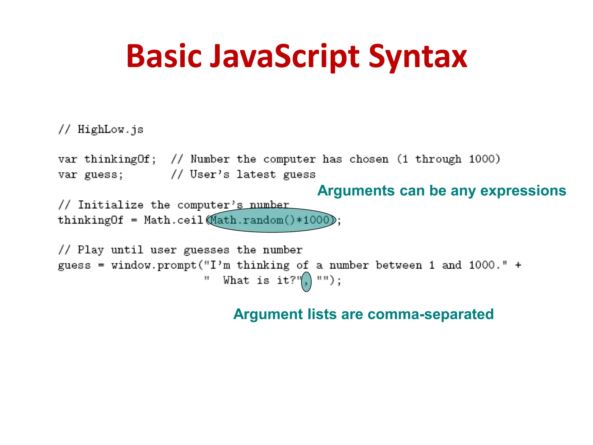 Basic JavaScript Syntax
Arguments can be any expressions
Argument lists are comma-separated
 
