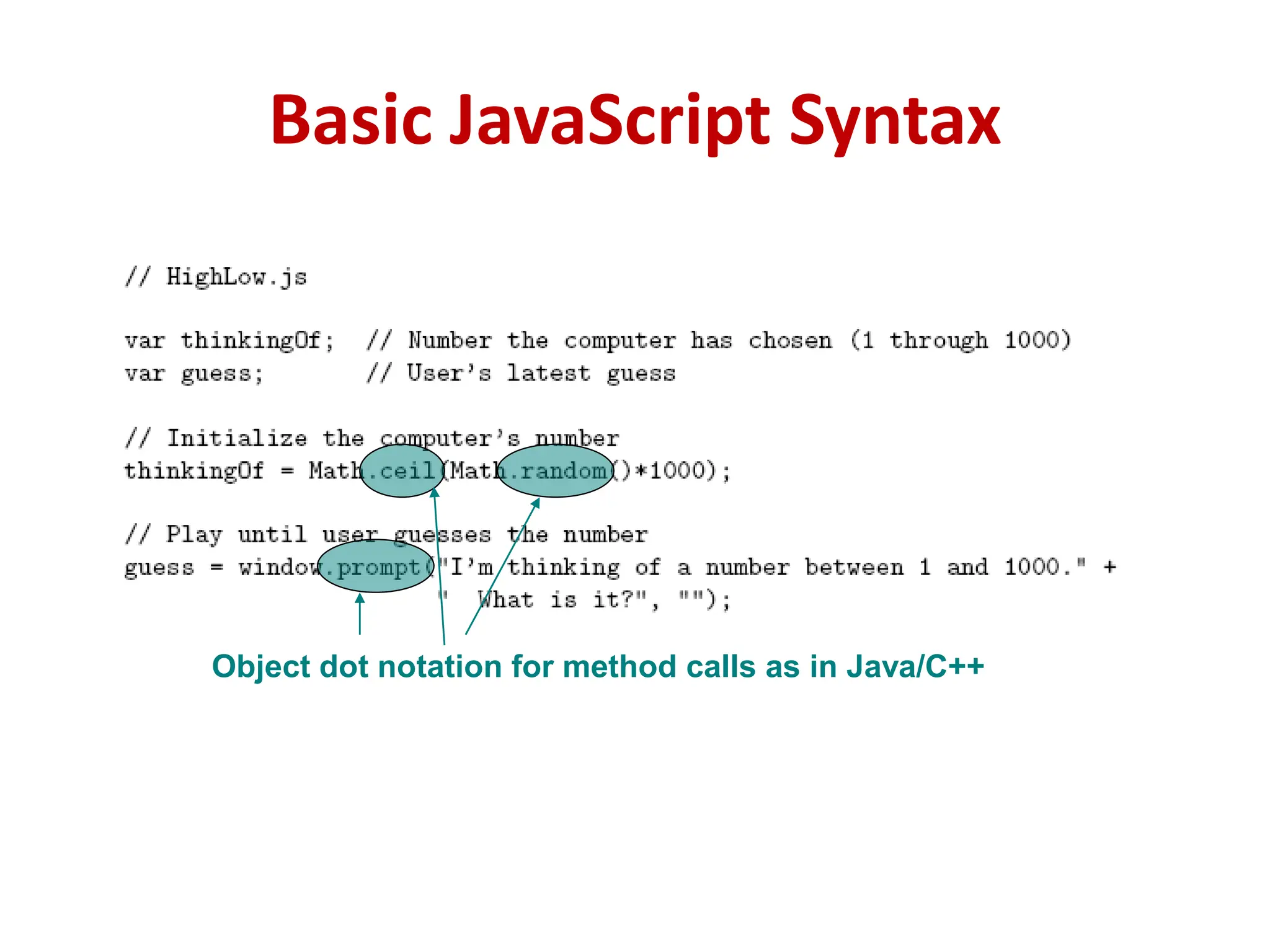 Basic JavaScript Syntax
Object dot notation for method calls as in Java/C++
 