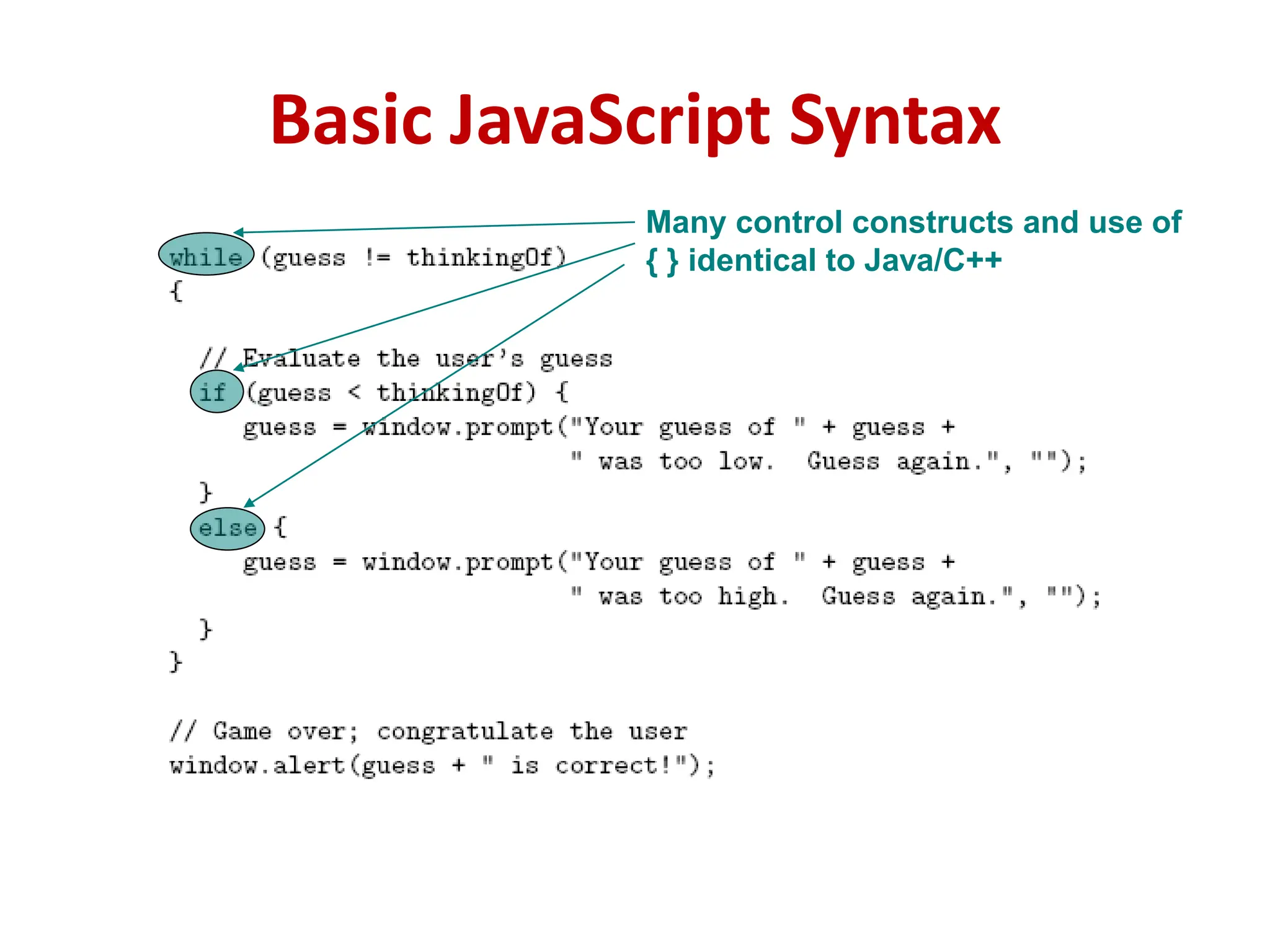 Basic JavaScript Syntax
Many control constructs and use of
{ } identical to Java/C++
 