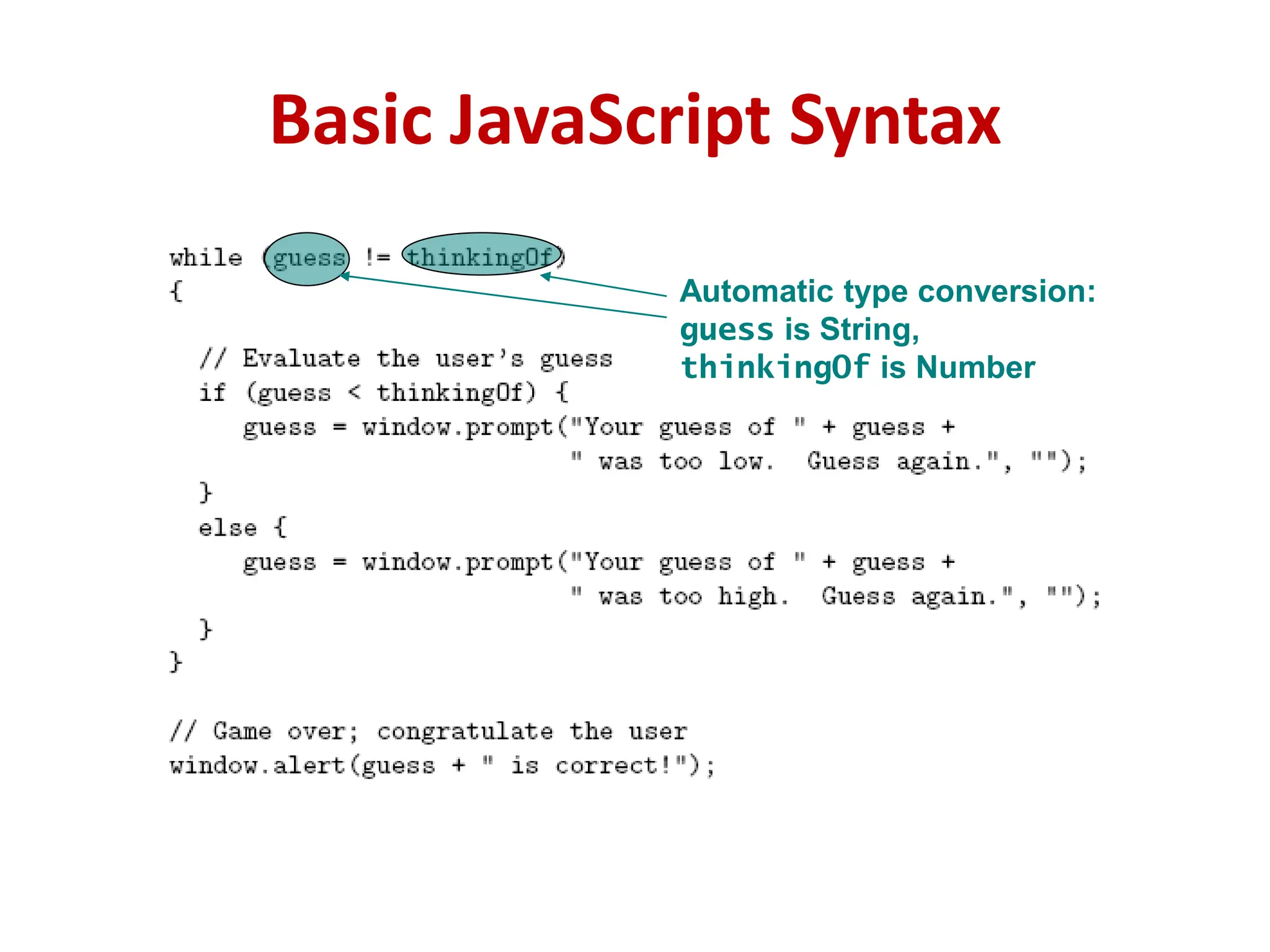 Basic JavaScript Syntax
Automatic type conversion:
guess is String,
thinkingOf is Number
 