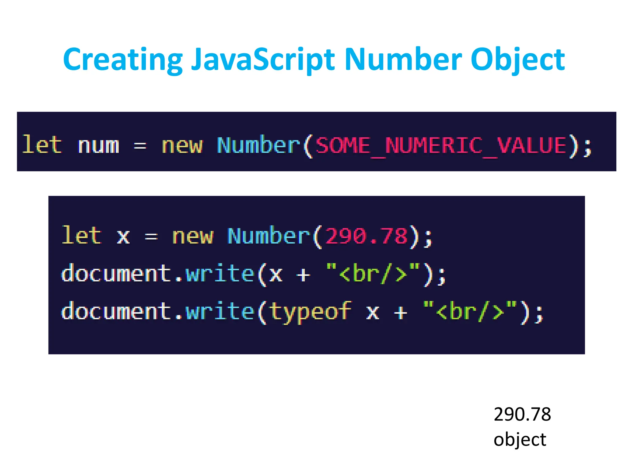 Creating JavaScript Number Object
290.78
object
 