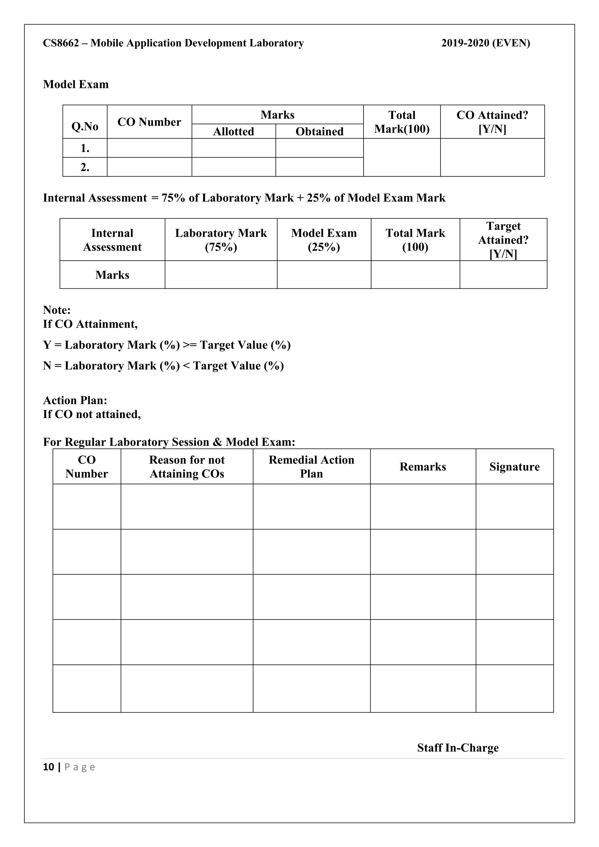 CS8662 – Mobile Application Development Laboratory 2019-2020 (EVEN)
10 | P a g e
Model Exam
Q.No CO Number
Marks Total
Mark(100)
CO Attained?
[Y/N]Allotted Obtained
1.
2.
Internal Assessment = 75% of Laboratory Mark + 25% of Model Exam Mark
Internal
Assessment
Laboratory Mark
(75%)
Model Exam
(25%)
Total Mark
(100)
Target
Attained?
[Y/N]
Marks
Note:
If CO Attainment,
Y = Laboratory Mark (%) >= Target Value (%)
N = Laboratory Mark (%) < Target Value (%)
Action Plan:
If CO not attained,
For Regular Laboratory Session & Model Exam:
CO
Number
Reason for not
Attaining COs
Remedial Action
Plan
Remarks Signature
Staff In-Charge
 
