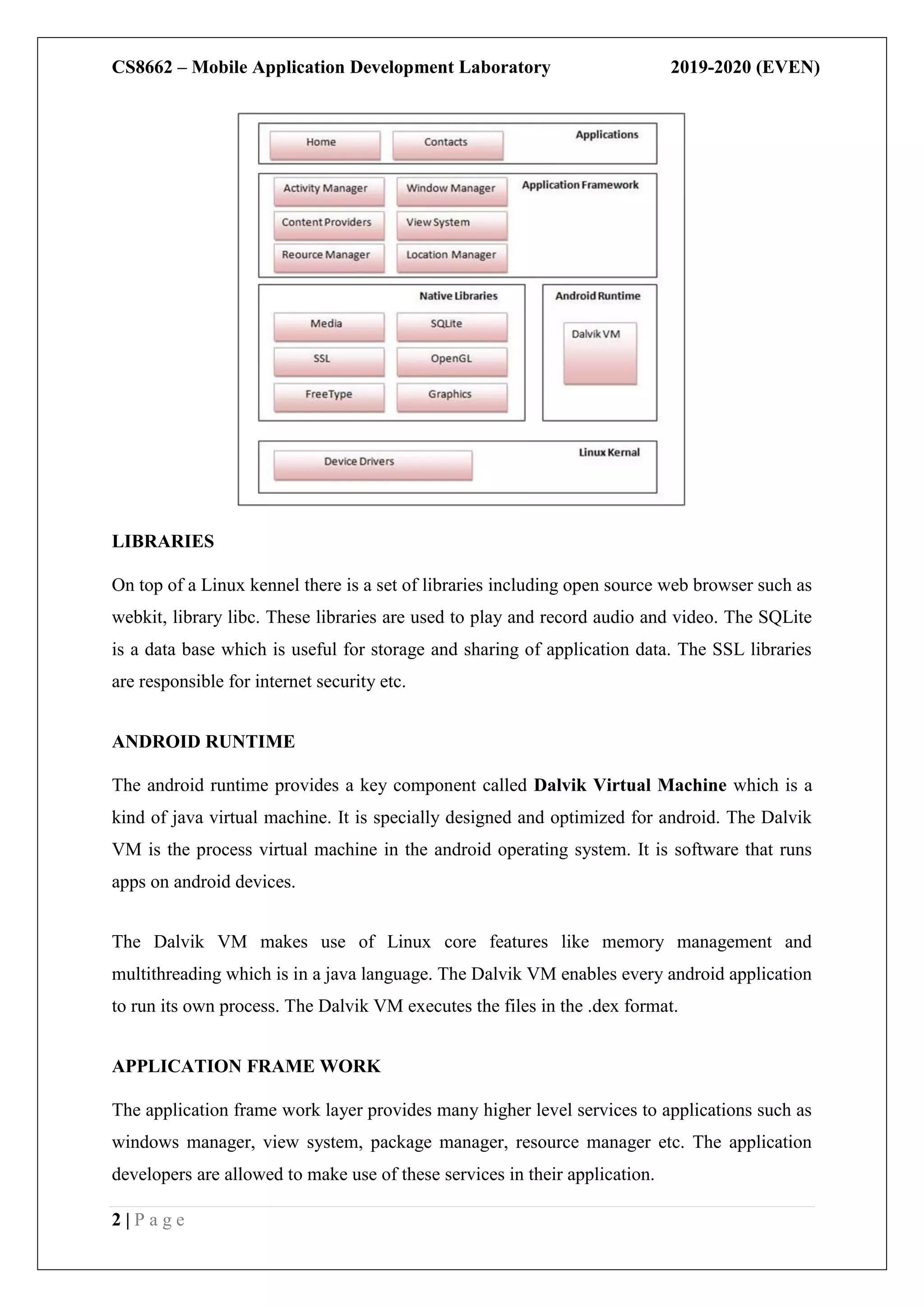 CS8662 – Mobile Application Development Laboratory 2019-2020 (EVEN)
2 | P a g e
LIBRARIES
On top of a Linux kennel there is a set of libraries including open source web browser such as
webkit, library libc. These libraries are used to play and record audio and video. The SQLite
is a data base which is useful for storage and sharing of application data. The SSL libraries
are responsible for internet security etc.
ANDROID RUNTIME
The android runtime provides a key component called Dalvik Virtual Machine which is a
kind of java virtual machine. It is specially designed and optimized for android. The Dalvik
VM is the process virtual machine in the android operating system. It is software that runs
apps on android devices.
The Dalvik VM makes use of Linux core features like memory management and
multithreading which is in a java language. The Dalvik VM enables every android application
to run its own process. The Dalvik VM executes the files in the .dex format.
APPLICATION FRAME WORK
The application frame work layer provides many higher level services to applications such as
windows manager, view system, package manager, resource manager etc. The application
developers are allowed to make use of these services in their application.
 