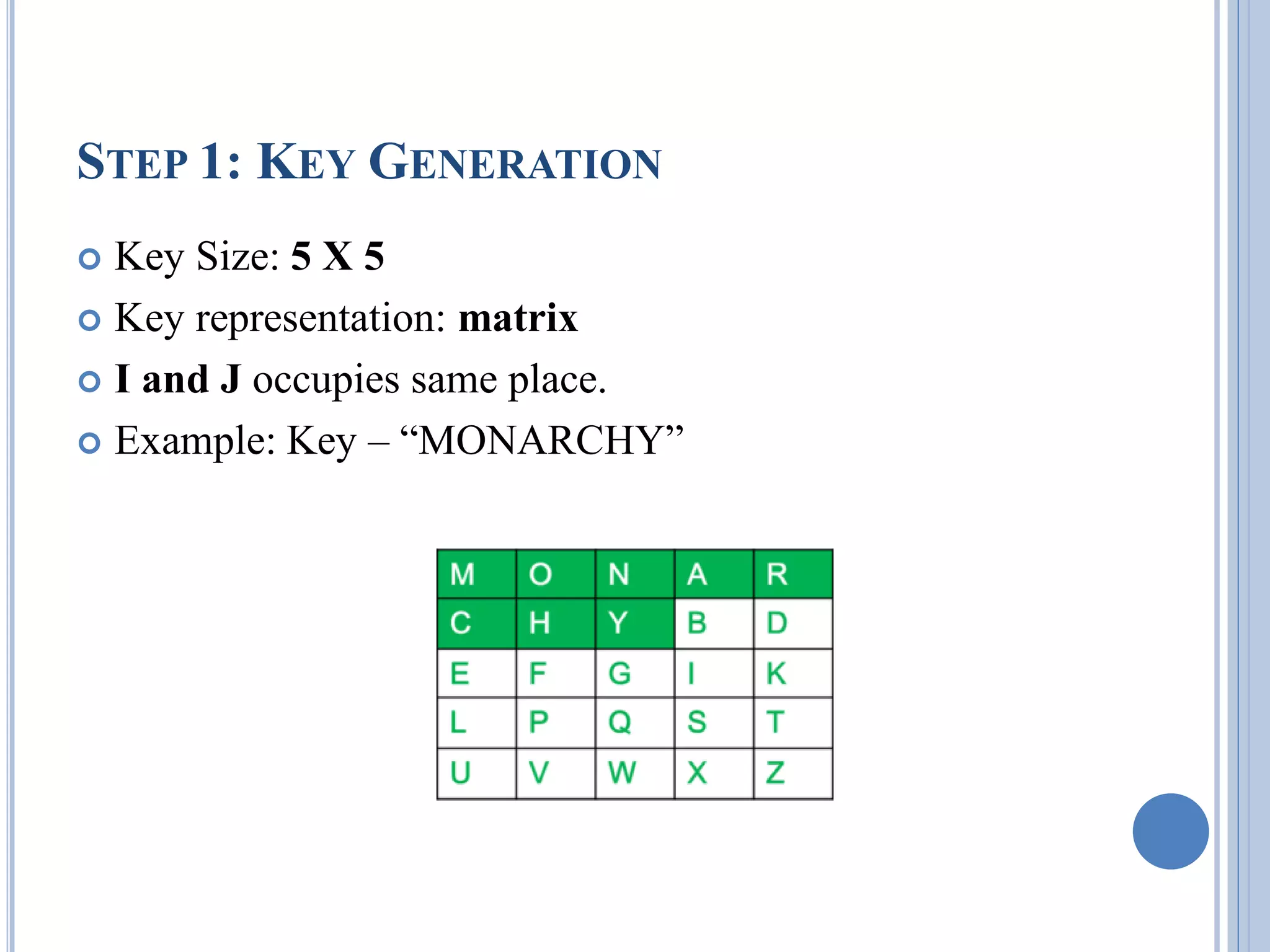 STEP 1: KEY GENERATION
 Key Size: 5 X 5
 Key representation: matrix
 I and J occupies same place.
 Example: Key – “MONARCHY”
 