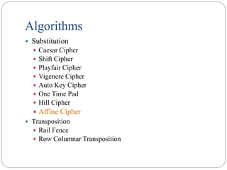 Algorithms
 Substitution
 Caesar Cipher
 Shift Cipher
 Playfair Cipher
 Vigenere Cipher
 Auto Key Cipher
 One Time Pad
 Hill Cipher
 Affine Cipher
 Transposition
 Rail Fence
 Row Columnar Transposition
 