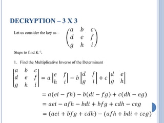 DECRYPTION – 3 X 3
Let us consider the key as –
Steps to find K-1:
1. Find the Multiplicative Inverse of the Determinant
 