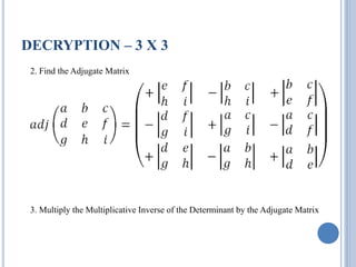 DECRYPTION – 3 X 3
2. Find the Adjugate Matrix
3. Multiply the Multiplicative Inverse of the Determinant by the Adjugate Matrix
 