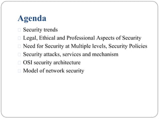 Agenda
⚫ Security trends
⚫ Legal, Ethical and Professional Aspects of Security
⚫ Need for Security at Multiple levels, Security Policies
⚫ Security attacks, services and mechanism
⚫ OSI security architecture
⚫ Model of network security
 
