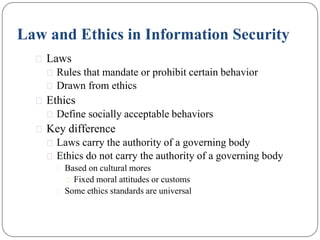 Law and Ethics in Information Security
⚫ Laws
⚫ Rules that mandate or prohibit certain behavior
⚫ Drawn from ethics
⚫ Ethics
⚫ Define socially acceptable behaviors
⚫ Key difference
⚫ Laws carry the authority of a governing body
⚫ Ethics do not carry the authority of a governing body
⚫ Based on cultural mores
⚫ Fixed moral attitudes or customs
⚫ Some ethics standards are universal
 