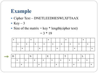 Example
 Cipher Text – DNETLEEDHESWLXFTAAX
 Key – 3
 Size of the matrix = key * length(cipher text)
= 3 * 19
* * * * *
* * * * * * * * *
* * * * *
D N E T L
* * * * * * * * *
* * * * *
 