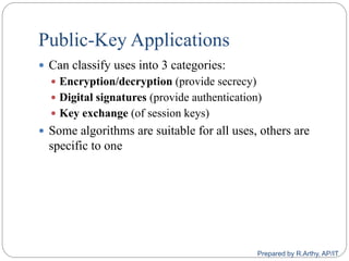 Public-Key Applications
 Can classify uses into 3 categories:
 Encryption/decryption (provide secrecy)
 Digital signatures (provide authentication)
 Key exchange (of session keys)
 Some algorithms are suitable for all uses, others are
specific to one
Prepared by R.Arthy, AP/IT
 