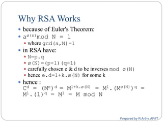 Why RSA Works
 because of Euler's Theorem:
 aø(n)mod N = 1
 where gcd(a,N)=1
 in RSA have:
 N=p.q
 ø(N)=(p-1)(q-1)
 carefully chosen e & d to be inverses mod ø(N)
 hence e.d=1+k.ø(N) for some k
 hence :
Cd = (Me)d = M1+k.ø(N) = M1.(Mø(N))q =
M1.(1)q = M1 = M mod N
Prepared by R.Arthy, AP/IT
 