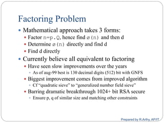 Factoring Problem
 Mathematical approach takes 3 forms:
 Factor n=p.Q, hence find ø(n) and then d
 Determine ø(n) directly and find d
 Find d directly
 Currently believe all equivalent to factoring
 Have seen slow improvements over the years
 As of aug-99 best is 130 decimal digits (512) bit with GNFS
 Biggest improvement comes from improved algorithm
 Cf “quadratic sieve” to “generalized number field sieve”
 Barring dramatic breakthrough 1024+ bit RSA secure
 Ensure p, q of similar size and matching other constraints
Prepared by R.Arthy, AP/IT
 