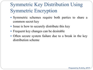 Symmetric Key Distribution Using
Symmetric Encryption
 Symmetric schemes require both parties to share a
common secret key
 Issue is how to securely distribute this key
 Frequent key changes can be desirable
 Often secure system failure due to a break in the key
distribution scheme
Prepared by R.Arthy, AP/IT
 