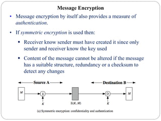 Message Encryption
• Message encryption by itself also provides a measure of
authentication.
• If symmetric encryption is used then:
 Receiver know sender must have created it since only
sender and receiver know the key used
 Content of the message cannot be altered if the message
has a suitable structure, redundancy or a checksum to
detect any changes
 