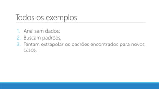 Todos os exemplos
1. Analisam dados;
2. Buscam padrões;
3. Tentam extrapolar os padrões encontrados para novos
casos.
 