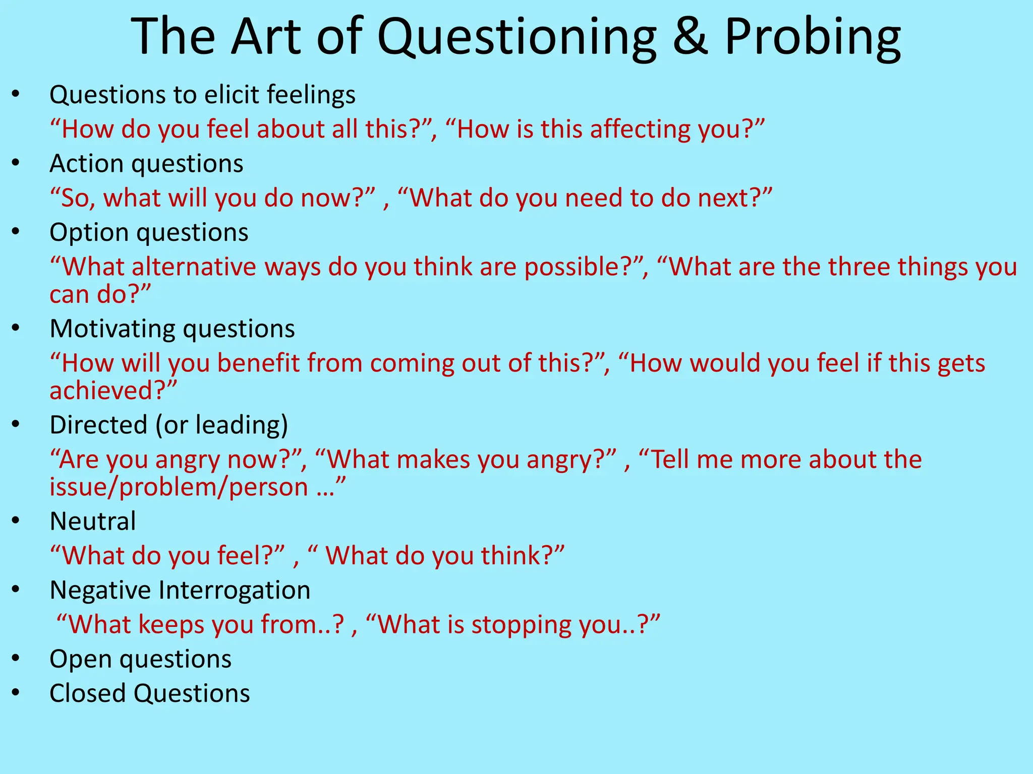 The Art of Questioning & Probing
• Questions to elicit feelings
“How do you feel about all this?”, “How is this affecting you?”
• Action questions
“So, what will you do now?” , “What do you need to do next?”
• Option questions
“What alternative ways do you think are possible?”, “What are the three things you
can do?”
• Motivating questions
“How will you benefit from coming out of this?”, “How would you feel if this gets
achieved?”
• Directed (or leading)
“Are you angry now?”, “What makes you angry?” , “Tell me more about the
issue/problem/person …”
• Neutral
“What do you feel?” , “ What do you think?”
• Negative Interrogation
“What keeps you from..? , “What is stopping you..?”
• Open questions
• Closed Questions
 