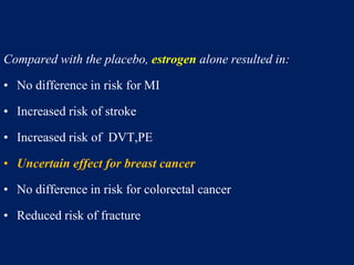 Compared with the placebo, estrogen alone resulted in:
• No difference in risk for MI
• Increased risk of stroke
• Increased risk of DVT,PE
• Uncertain effect for breast cancer
• No difference in risk for colorectal cancer
• Reduced risk of fracture
 
