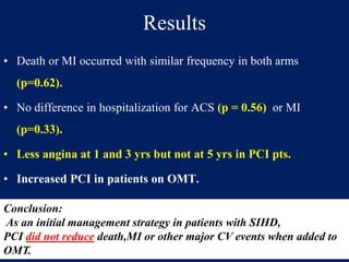 Results
• Death or MI occurred with similar frequency in both arms
(p=0.62).
• No difference in hospitalization for ACS (p = 0.56) or MI
(p=0.33).
• Less angina at 1 and 3 yrs but not at 5 yrs in PCI pts.
• Increased PCI in patients on OMT.
Conclusion:
As an initial management strategy in patients with SIHD,
PCI did not reduce death,MI or other major CV events when added to
OMT.
 