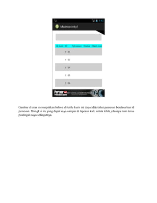 Gambar di atas menunjukkan bahwa di table kurir ini dapat diketahui pemesan berdasarkan id
pemesan. Mungkin itu yang dapat saya sampai di laporan kali, untuk lebih jelasnya ikuti terus
postingan saya selanjutnya.
 