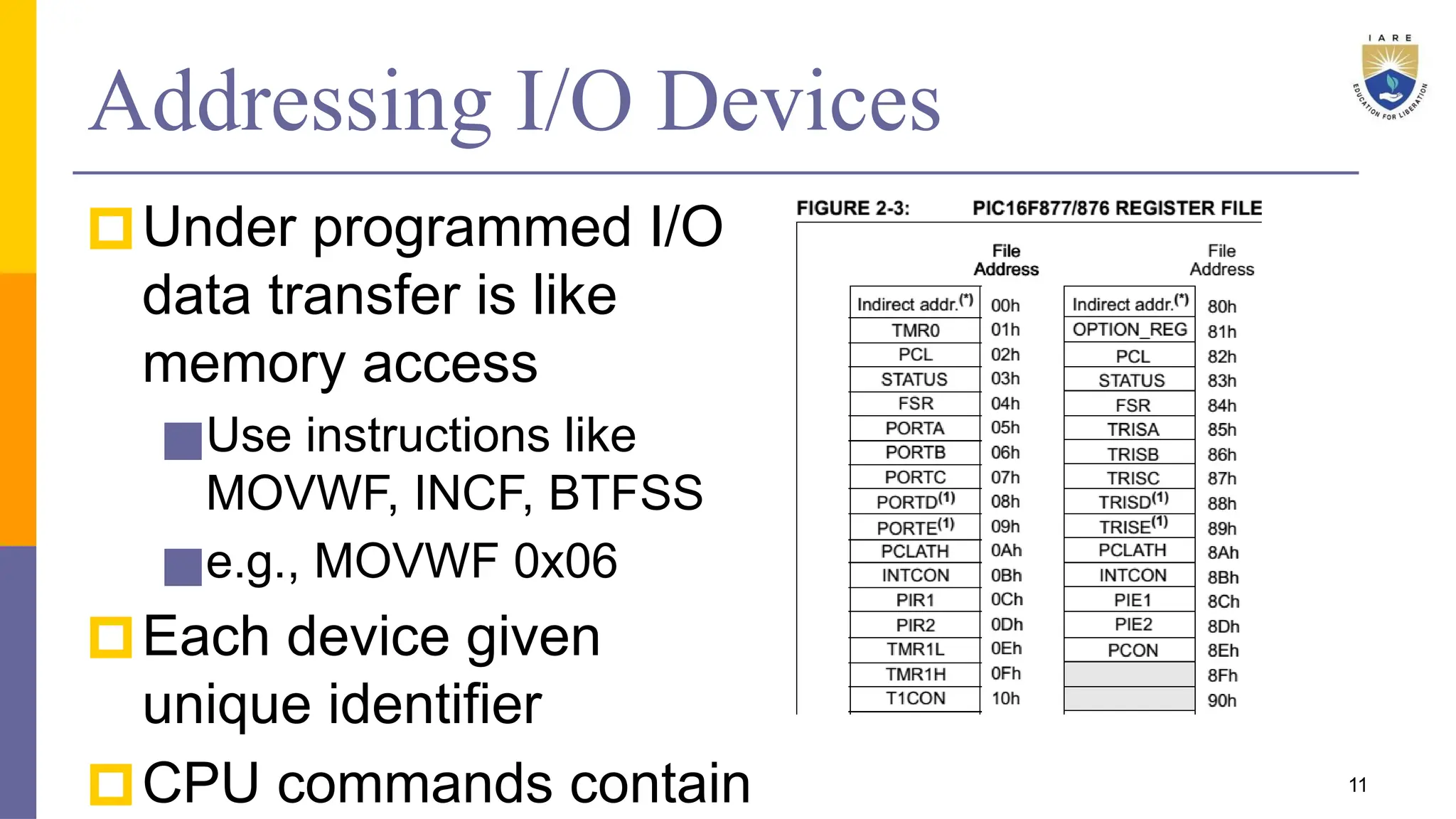 Addressing I/O Devices
🞐Under programmed I/O
data transfer is like
memory access
■Use instructions like
MOVWF, INCF, BTFSS
■e.g., MOVWF 0x06
🞐Each device given
unique identifier
🞐CPU commands contain 11
 