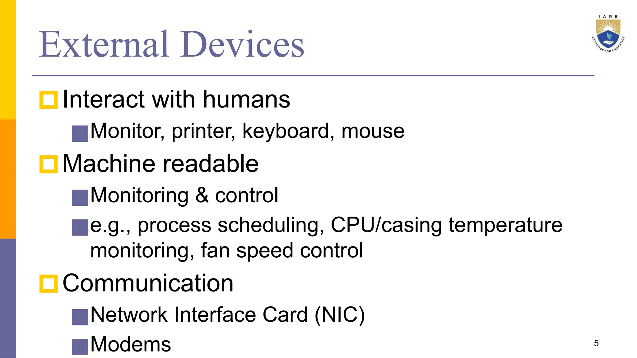 External Devices
🞐Interact with humans
■Monitor, printer, keyboard, mouse
🞐Machine readable
■Monitoring & control
■e.g., process scheduling, CPU/casing temperature
monitoring, fan speed control
🞐Communication
■Network Interface Card (NIC)
■Modems 5
 