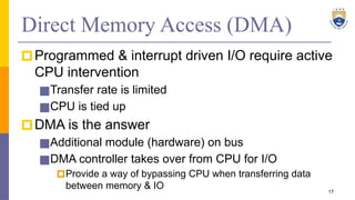 Direct Memory Access (DMA)
🞐Programmed & interrupt driven I/O require active
CPU intervention
■Transfer rate is limited
■CPU is tied up
🞐DMA is the answer
■Additional module (hardware) on bus
■DMA controller takes over from CPU for I/O
🞐Provide a way of bypassing CPU when transferring data
between memory & IO 17
 