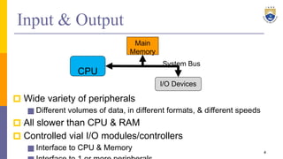 Input & Output
🞐 Wide variety of peripherals
■ Different volumes of data, in different formats, & different speeds
🞐 All slower than CPU & RAM
🞐 Controlled vial I/O modules/controllers
■ Interface to CPU & Memory 4
CPU
Main
Memory
I/O Devices
System Bus
 