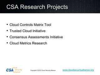 CSA Research ProjectsCloud Controls Matrix ToolTrusted Cloud InitiativeConsensus Assessments InitiativeCloud Metrics Research