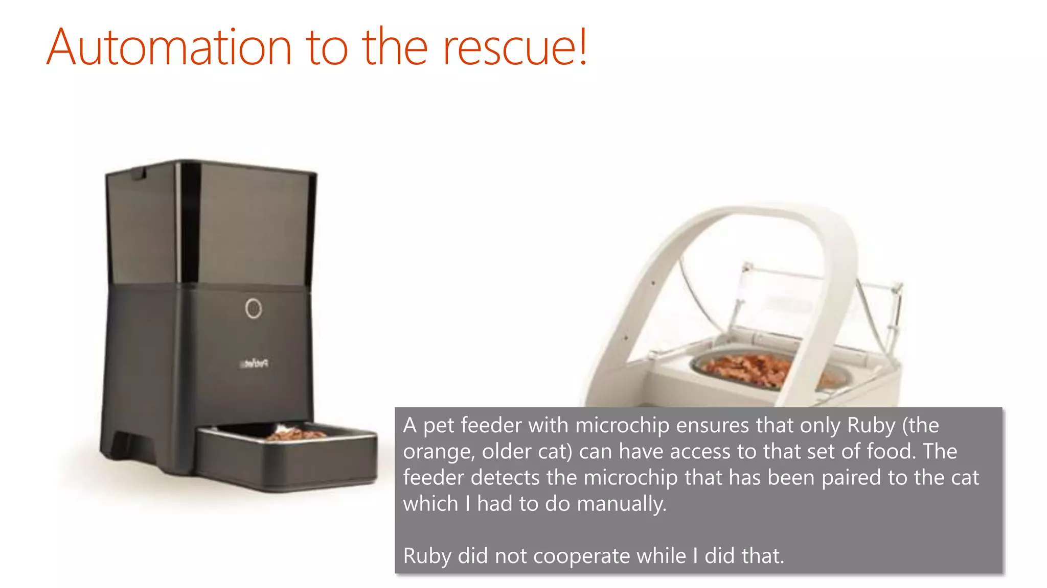 A pet feeder with microchip ensures that only Ruby (the
orange, older cat) can have access to that set of food. The
feeder detects the microchip that has been paired to the cat
which I had to do manually.
Ruby did not cooperate while I did that.
 
