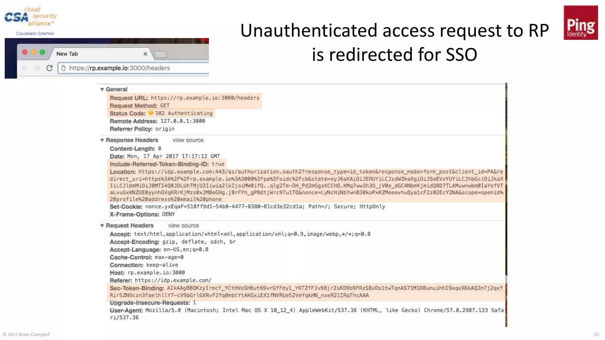 © 2017 Brian Campbell 20
Unauthenticated access request to RP
is redirected for SSO
 