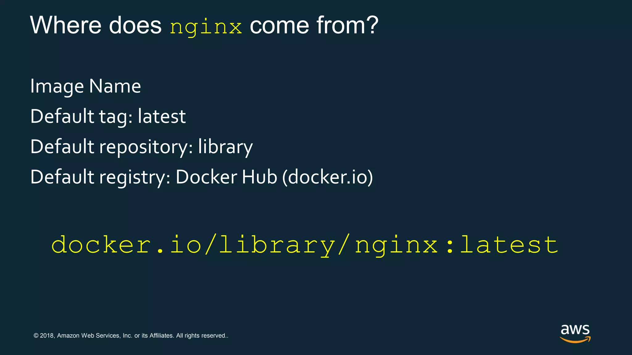 © 2018, Amazon Web Services, Inc. or its Affiliates. All rights reserved..
Where does nginx come from?
Image Name
Default tag: latest
Default repository: library
Default registry: Docker Hub (docker.io)
nginx:latestlibrary/docker.io/
 
