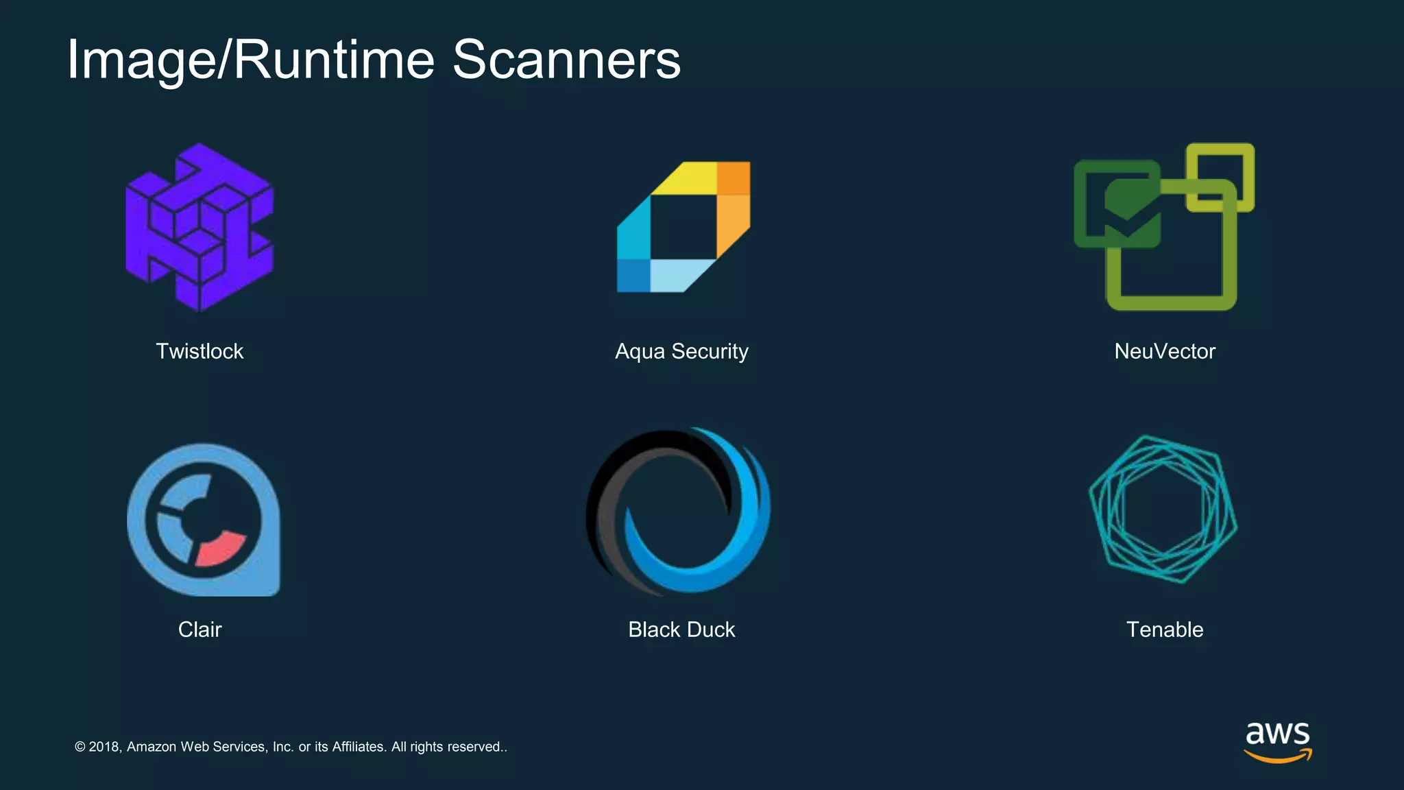 © 2018, Amazon Web Services, Inc. or its Affiliates. All rights reserved..
Image/Runtime Scanners
Twistlock Aqua Security NeuVector
Clair Black Duck Tenable
 