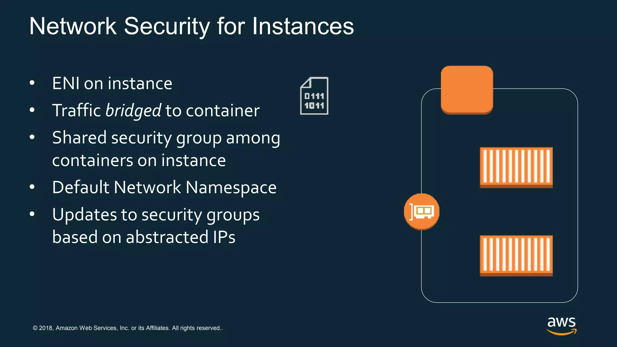 © 2018, Amazon Web Services, Inc. or its Affiliates. All rights reserved..
Network Security for Instances
• ENI on instance
• Traffic bridged to container
• Shared security group among
containers on instance
• Default Network Namespace
• Updates to security groups
based on abstracted IPs
 
