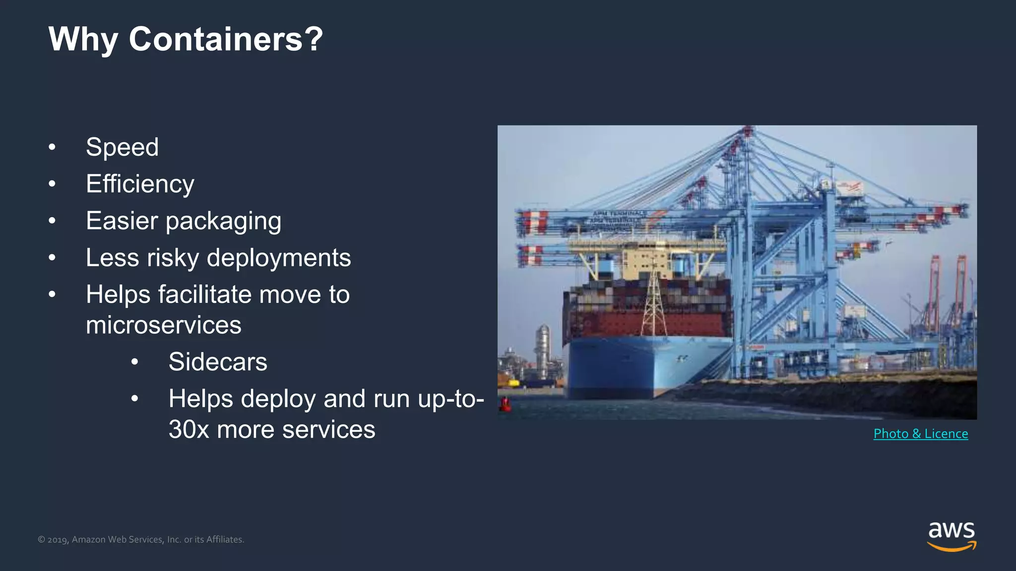 © 2019, Amazon Web Services, Inc. or its Affiliates.
Why Containers?
• Speed
• Efficiency
• Easier packaging
• Less risky deployments
• Helps facilitate move to
microservices
• Sidecars
• Helps deploy and run up-to-
30x more services Photo & Licence
 