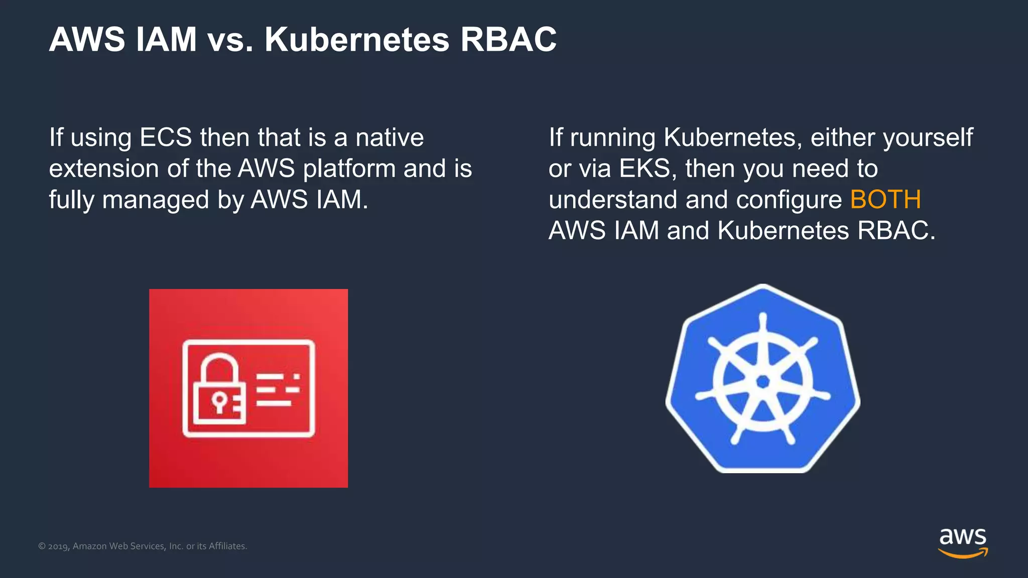 © 2019, Amazon Web Services, Inc. or its Affiliates.
AWS IAM vs. Kubernetes RBAC
If using ECS then that is a native
extension of the AWS platform and is
fully managed by AWS IAM.
If running Kubernetes, either yourself
or via EKS, then you need to
understand and configure BOTH
AWS IAM and Kubernetes RBAC.
 