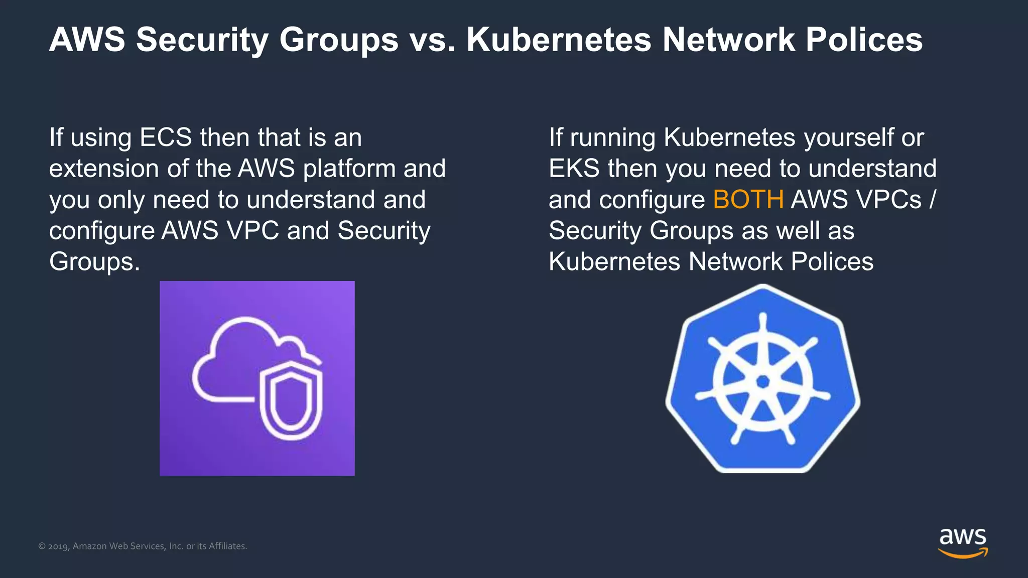 © 2019, Amazon Web Services, Inc. or its Affiliates.
AWS Security Groups vs. Kubernetes Network Polices
If using ECS then that is an
extension of the AWS platform and
you only need to understand and
configure AWS VPC and Security
Groups.
If running Kubernetes yourself or
EKS then you need to understand
and configure BOTH AWS VPCs /
Security Groups as well as
Kubernetes Network Polices
 