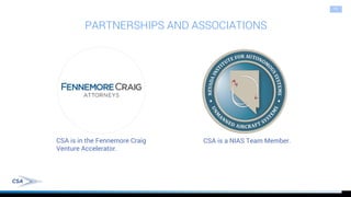 CSA is in the Fennemore Craig
Venture Accelerator.
PARTNERSHIPS AND ASSOCIATIONS
19
CSA is a NIAS Team Member.
 