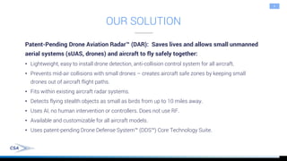 5
OUR SOLUTION
Patent-Pending Drone Aviation Radar™ (DAR): Saves lives and allows small unmanned
aerial systems (sUAS, dro...