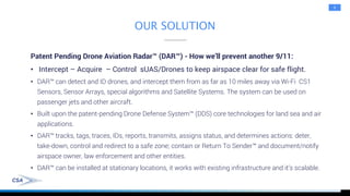 6
Patent Pending Drone Aviation Radar™ (DAR™) - How we’ll prevent another 9/11:
• Intercept – Acquire – Control sUAS/Drone...