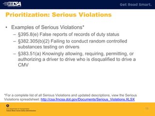 15
Prioritization: Serious Violations
• Examples of Serious Violations*
– §395.8(e) False reports of records of duty status
– §382.305(b)(2) Failing to conduct random controlled
substances testing on drivers
– §383.51(a) Knowingly allowing, requiring, permitting, or
authorizing a driver to drive who is disqualified to drive a
CMV
*For a complete list of all Serious Violations and updated descriptions, view the Serious
Violations spreadsheet: http://csa.fmcsa.dot.gov/Documents/Serious_Violations.XLSX
 