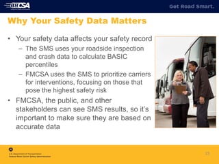 23
Why Your Safety Data Matters
• Your safety data affects your safety record
– The SMS uses your roadside inspection
and crash data to calculate BASIC
percentiles
– FMCSA uses the SMS to prioritize carriers
for interventions, focusing on those that
pose the highest safety risk
• FMCSA, the public, and other
stakeholders can see SMS results, so it’s
important to make sure they are based on
accurate data
 