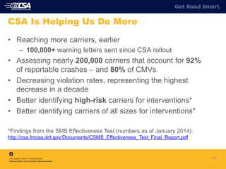 39
CSA Is Helping Us Do More
• Reaching more carriers, earlier
– 100,000+ warning letters sent since CSA rollout
• Assessing nearly 200,000 carriers that account for 92%
of reportable crashes – and 80% of CMVs
• Decreasing violation rates, representing the highest
decrease in a decade
• Better identifying high-risk carriers for interventions*
• Better identifying carriers of all sizes for interventions*
*Findings from the SMS Effectiveness Test (numbers as of January 2014):
http://csa.fmcsa.dot.gov/Documents/CSMS_Effectiveness_Test_Final_Report.pdf
 