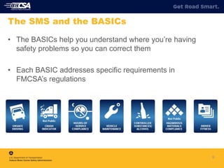 9
The SMS and the BASICs
• The BASICs help you understand where you’re having
safety problems so you can correct them
• Each BASIC addresses specific requirements in
FMCSA’s regulations
 