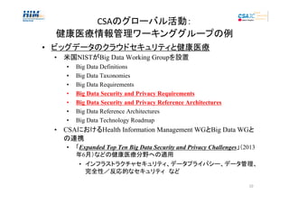 CSAのグローバル活動：
健康医療情報管理ワーキンググループの例
• ビッグデータのクラウドセキュリティと健康医療
• 米国NISTがBig Data Working Groupを設置
•
•
•
•
•
•
•

Big Data Definitions
Big Data Taxonomies
Big Data Requirements
Big Data Security and Privacy Requirements
Big Data Security and Privacy Reference Architectures
Big Data Reference Architectures
Big Data Technology Roadmap

• CSAにおけるHealth Information Management WGとBig Data WGと
の連携
•

「Expanded Top Ten Big Data Security and Privacy Challenges」（2013
年6月）などの健康医療分野への適用
• インフラストラクチャセキュリティ、データプライバシー、データ管理、
完全性／反応的なセキュリティ　など
10

 