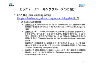ビッグデータワーキンググループのご紹介
• CSA Big Data Working Group
（https://cloudsecurityalliance.org/research/big-data/）（2）
• 過去の主な活動実績：
•

•

•

•

2012年11月：ビッグデータのセキュリティ／プライバシーにおける技術的／組織
年 月
的問題10項目をまとめた「Top 10 Big Data Security and Privacy Challenges」を
公表
2013年6月：サイバー攻撃、データ漏えいのシナリオなどを包含する脅威モデル
年 月
を形式化する「モデリング」、脅威モデルに基づいて扱いやすいソリューションを
見つける「分析」、既存のインフラにソリューションを埋め込む「導入」の視点から
拡張／整理した 「Expanded Top Ten Big Data Security & Privacy Challenges」
を公表
2013年9月：大量の構造化／非構造化データを活用した新しいツール／機会の
年 月
導入／利用拡大によって変化するセキュリティ分析の動向を整理した「Big Data
Analytics For Security Intelligence」を公表
2013年12月：図表、動画など、多岐にわたるビッグデータを、前述の十大脅威の
年 月
視点毎にマッピングすることを目的として「Big Data Security Taxonomy and
Framework」を公表する予定

20

 