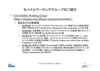 モバイルワーキンググループのご紹介
• CSA Mobile Working Group
（https://cloudsecurityalliance.org/research/mobile/）
• 過去の主な活動実績
•
•
•

•

2012年9月：モバイルデバイスのライフサイクルセキュリティ管理における重要な構成
年 月
要素17項目をまとめた「Mobile Device Management: Key Components, V1.0」を公表
2012年10月：企業環境におけるモバイルデバイスセキュリティの脅威に関するアンケー
年 月
ト結果をまとめた報告書「Top Mobile Threats」を公表
2012年11月：モバイルの定義、モバイルコンピューティングの現状に加えて、、Bring
年 月
Your Own Device (BYOD)、認証、App Stores、モバイルデバイス管理（MDM）など、
モバイル利用上の留意点を整理した「Security Guidance for Critical Areas of Mobile
Computing V1.0」を公表
2013年12月：推奨される認証プロセスを決定する際の主な要素、信頼境界の定義方
年 月
法、企業／BYOD環境におけるモバイル認証の使い勝手を改善するガイドライン、認
証の脅威／リスクを定義して適正なリスク評価を行うための方法などを整理した
「Mobile Authentication」を公表予定

(c) 2013 Cloud Security Alliance

8

 