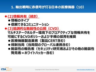 www.cloudsecurityalliance.orgCopyright © 2012 Cloud Security Alliance www.cloudsecurityalliance.orgCopyright © 2012 Cloud Security Alliance
(2)情報共有（続き）
情報のタイプ
信頼できるコミュニケーション
(3)協調的な脆弱性の公開（CVD）
マルチステークホルダー環境下のプロアクティブな情報共有を
可能にするCVDポリシーおよび手順の採用を推奨
医療機器製造業者（製品CERT含む）
規制当局（当局間のグローバル連携含む）
脆弱性の報告者（セキュリティ研究者およびその他の脆弱性
発見者＝ホワイトハッカー含む）
 